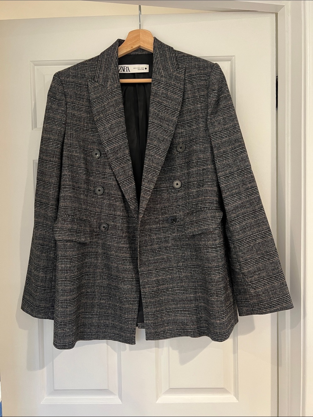 Zara Double-Breasted Glen Plaid Blazer in Gray and Black